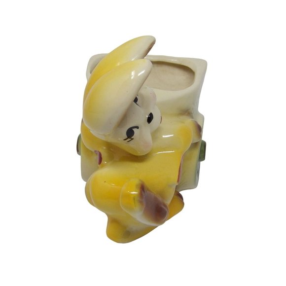 Vintage Kitschy Yellow Bunny Rabbit Pushing Cart Planter 5" H x 6 3/4" L x 3" D - Picture 7 of 10